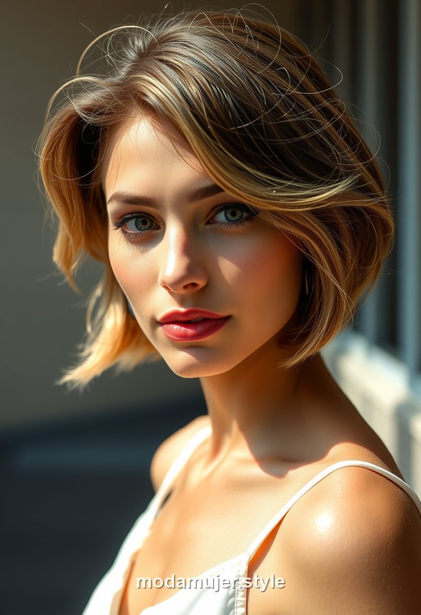 Mujer con soft bob corto secado al natural en verano