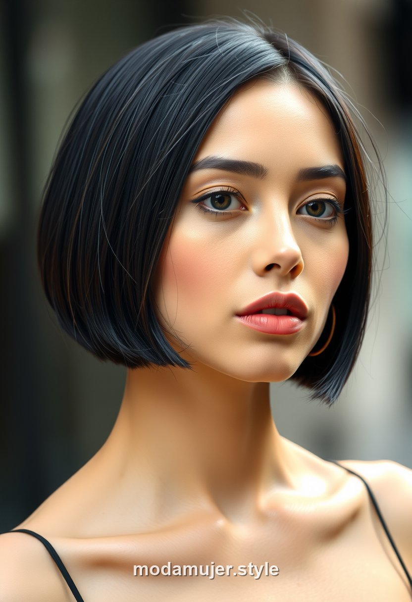 Mujer con bob pulido clásico liso y brillante