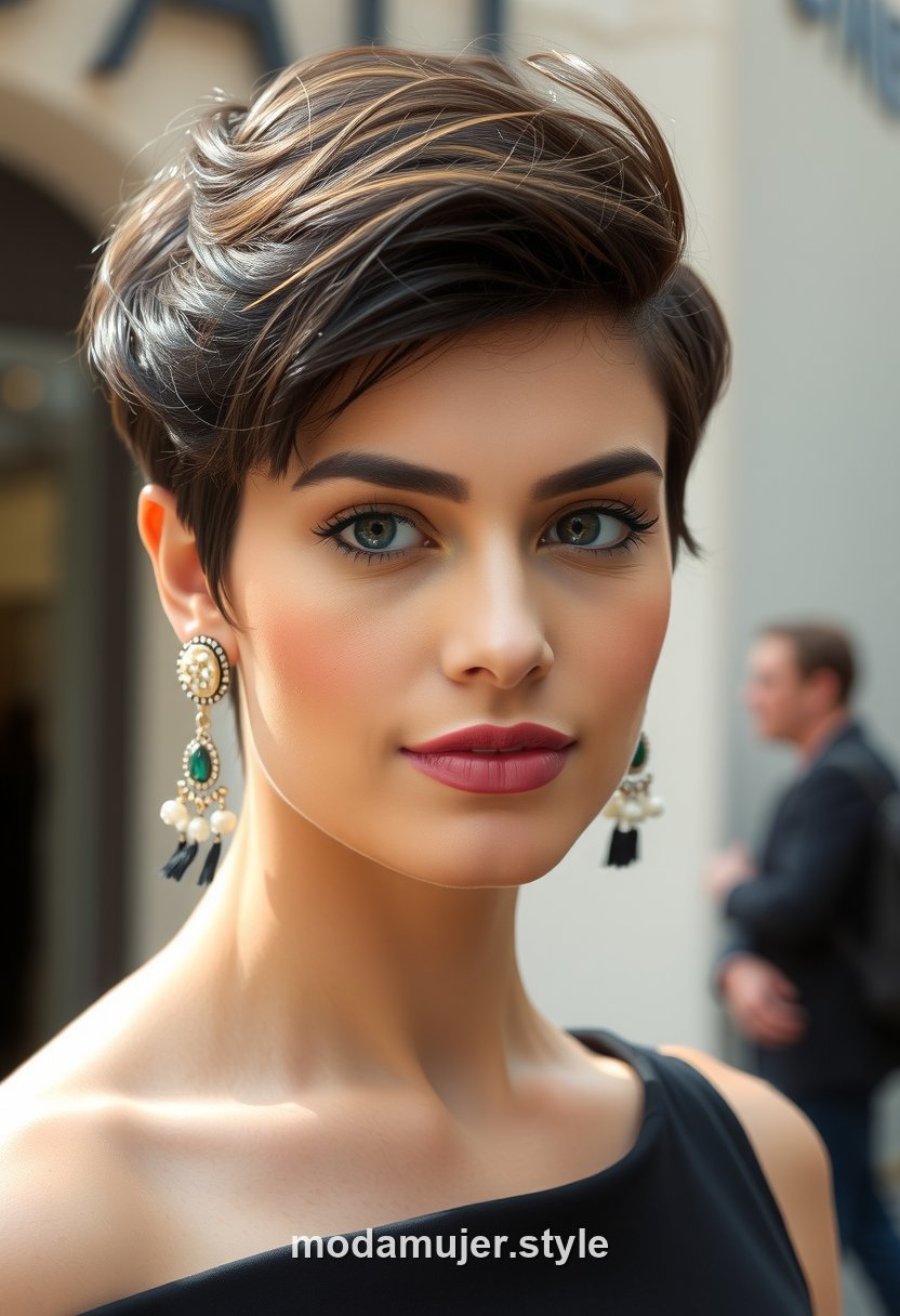 Mujer con corte pixie clásico corto y elegante