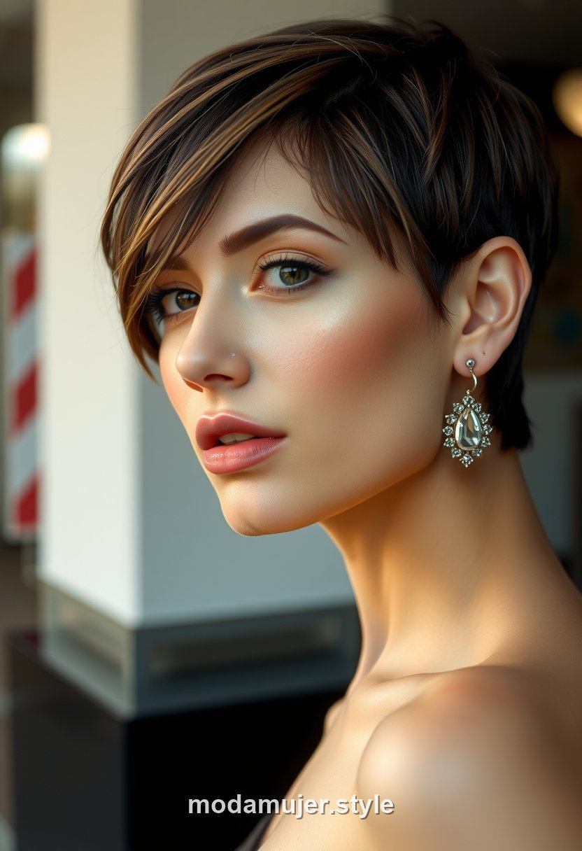 Mujer con corte pixie y flequillo largo ladeado