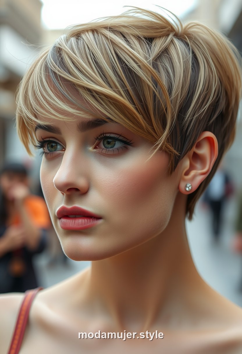 Mujer con corte bixie, mezcla de bob y pixie, con textura