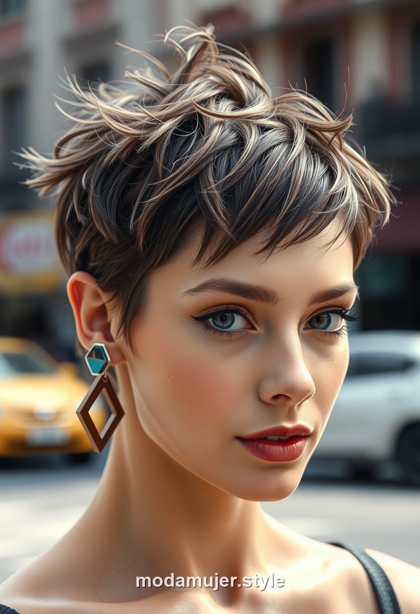 Mujer con pixie texturizado y despeinado moderno