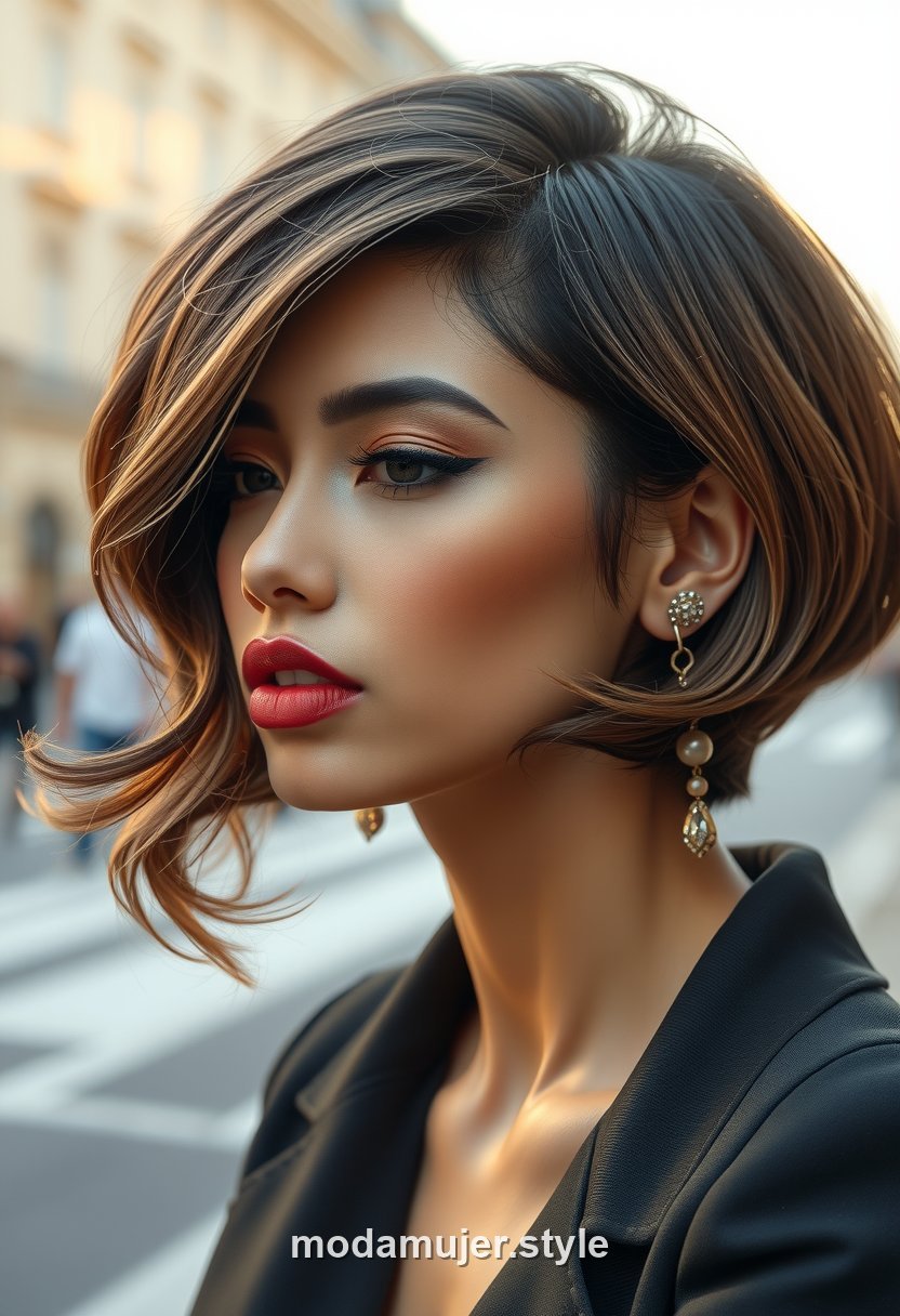 Mujer con bob de raya al lado y ondas con volumen glamuroso