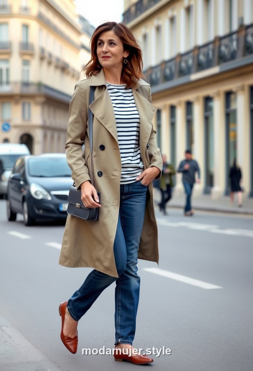 Mujer de unos 35 anos con gabardina beige y vaqueros caminando por una calle parisina