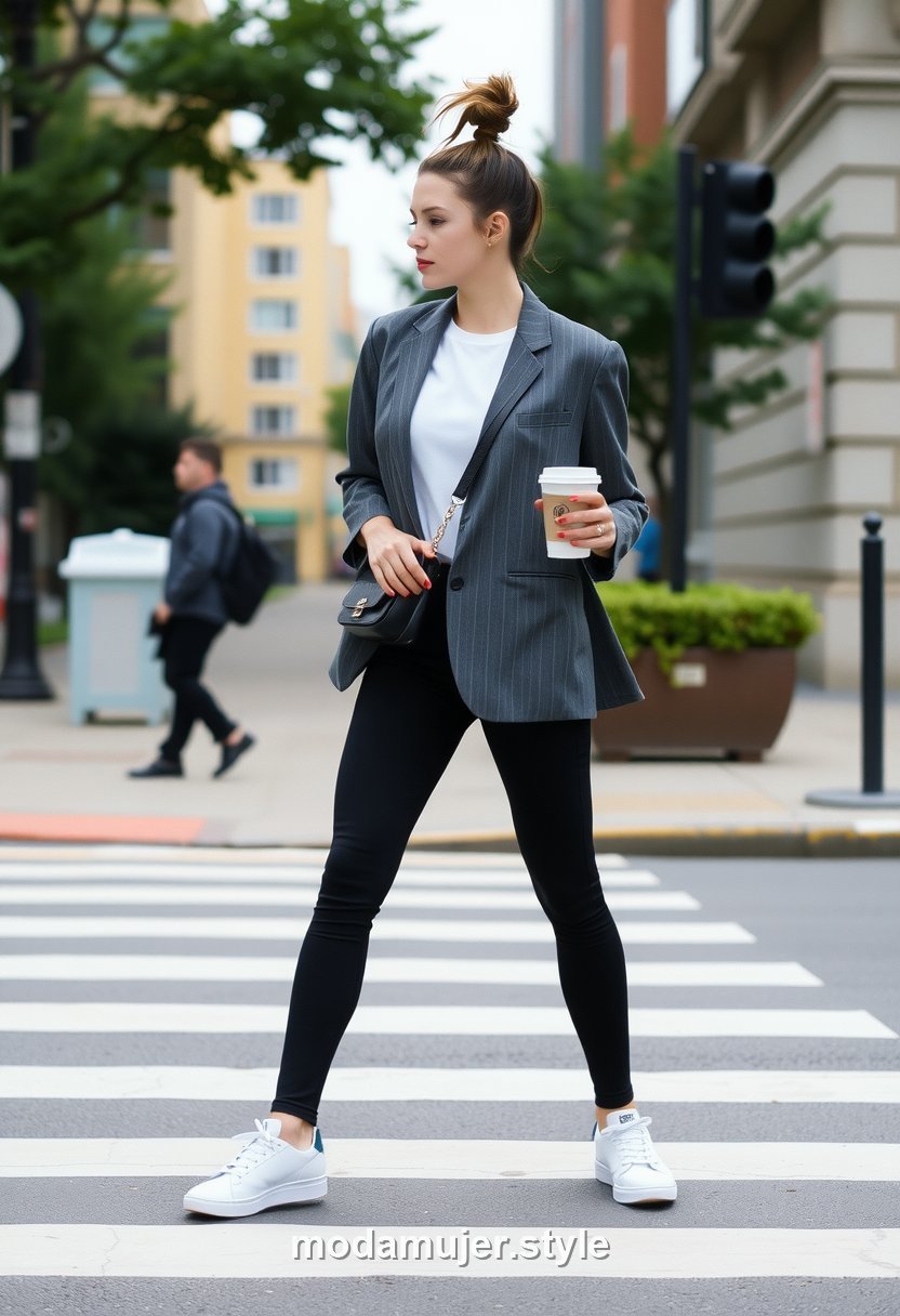 Mujer joven con leggings negros, blazer oversize y zapatillas cruzando un paso de peaton con un cafe