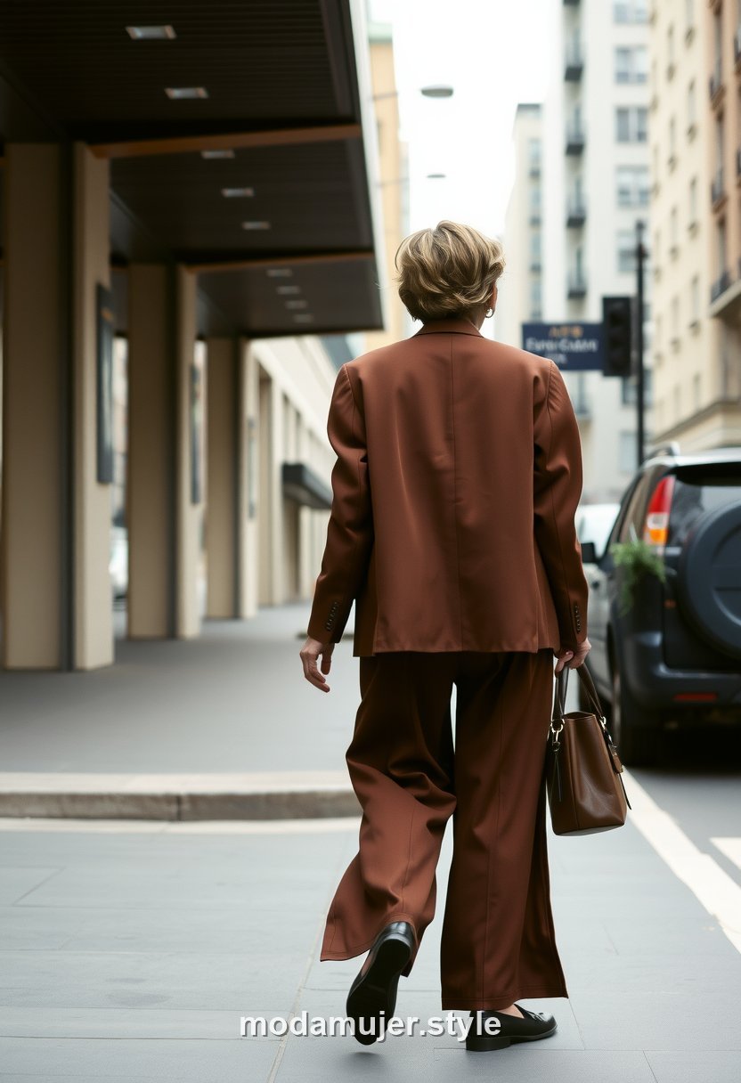 Mujer de unos 40 anos con traje oversize marron caminando de espaldas por una calle urbana
