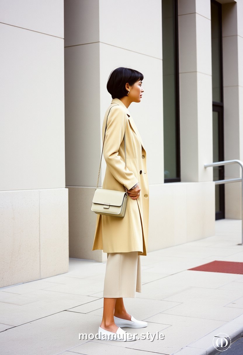 Mujer alta con look monocromo beige de pie junto a un edificio moderno de lineas limpias