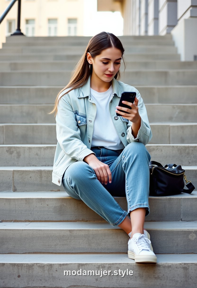 Mujer joven con look de denim total sentada en unas escaleras urbanas mirando el movil