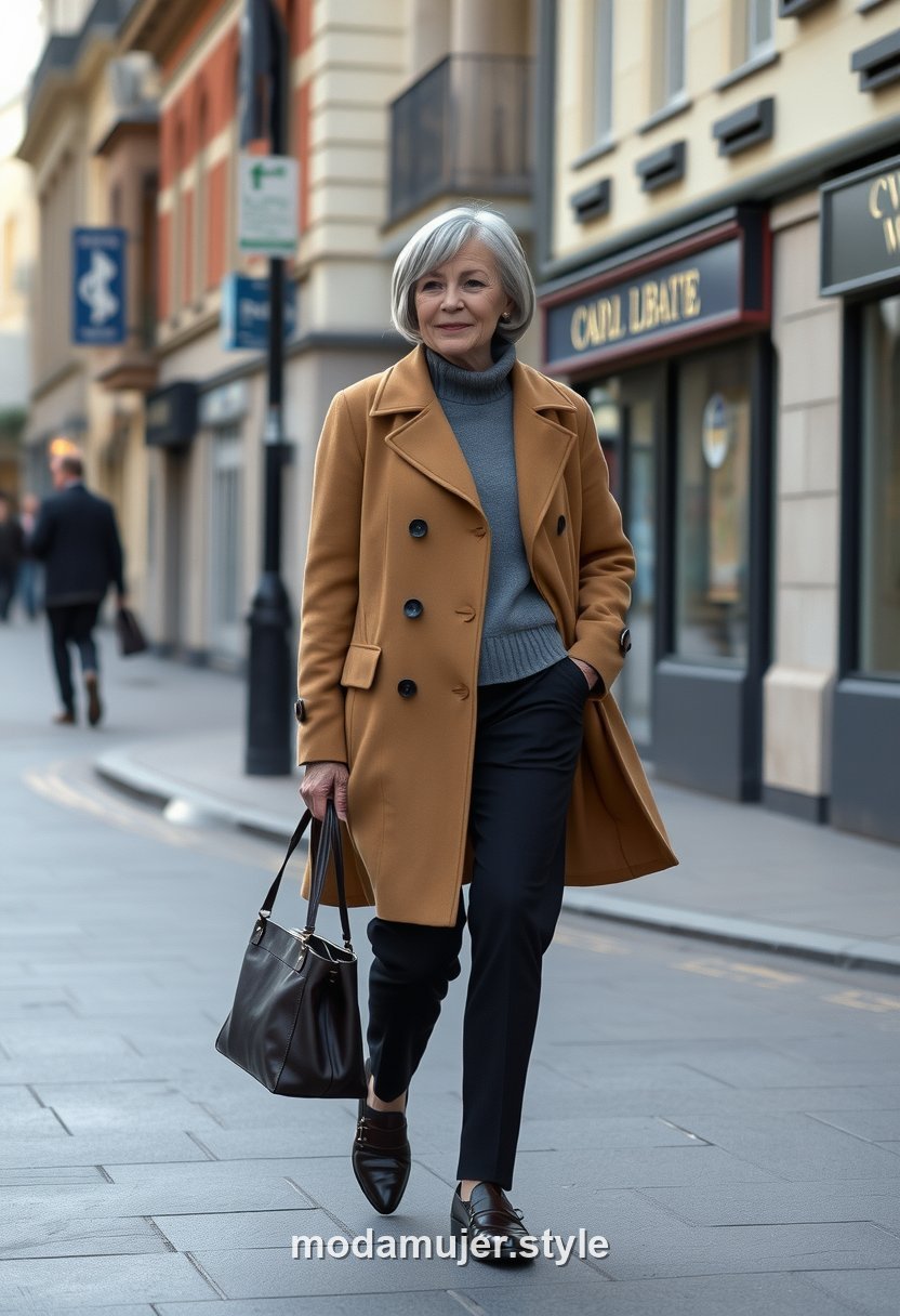 Mujer elegante de unos 50 anos con abrigo camel y mocasines caminando por una calle de ciudad
