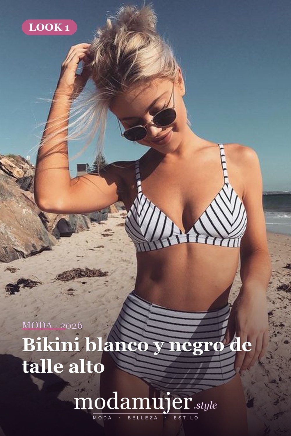 Bikini blanco y negro de talle alto — Tendencias de trajes de baño para 2026: 26 ideas para inspirarte