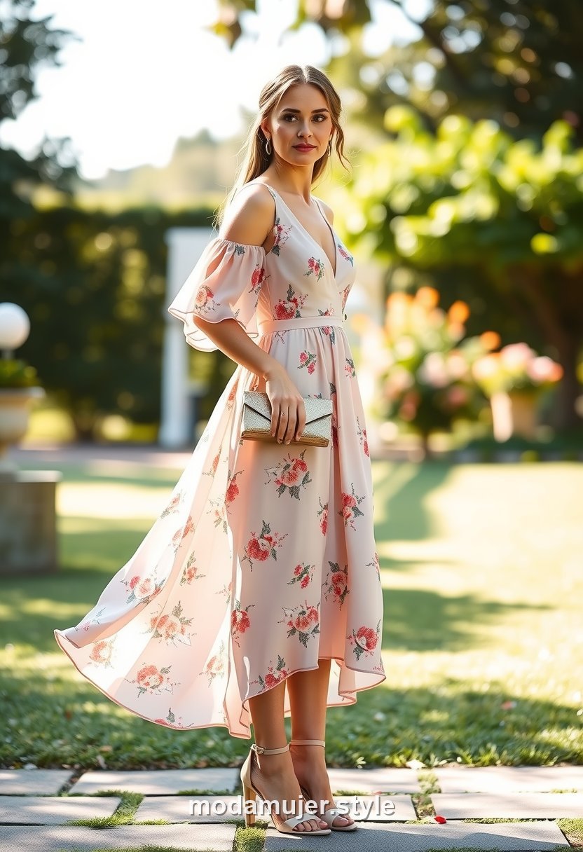 Invitada de boda con vestido midi floral de gasa, look de dia en jardin, cuerpo entero