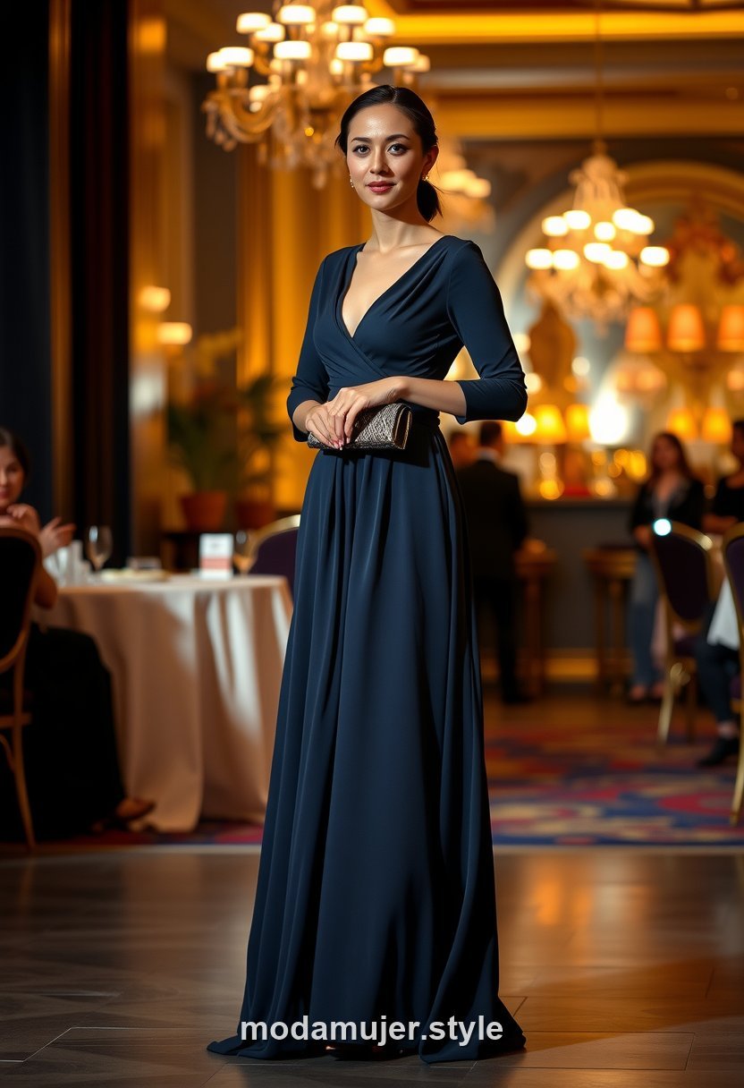 Invitada de boda con vestido largo de gala elegante, look de noche, cuerpo entero