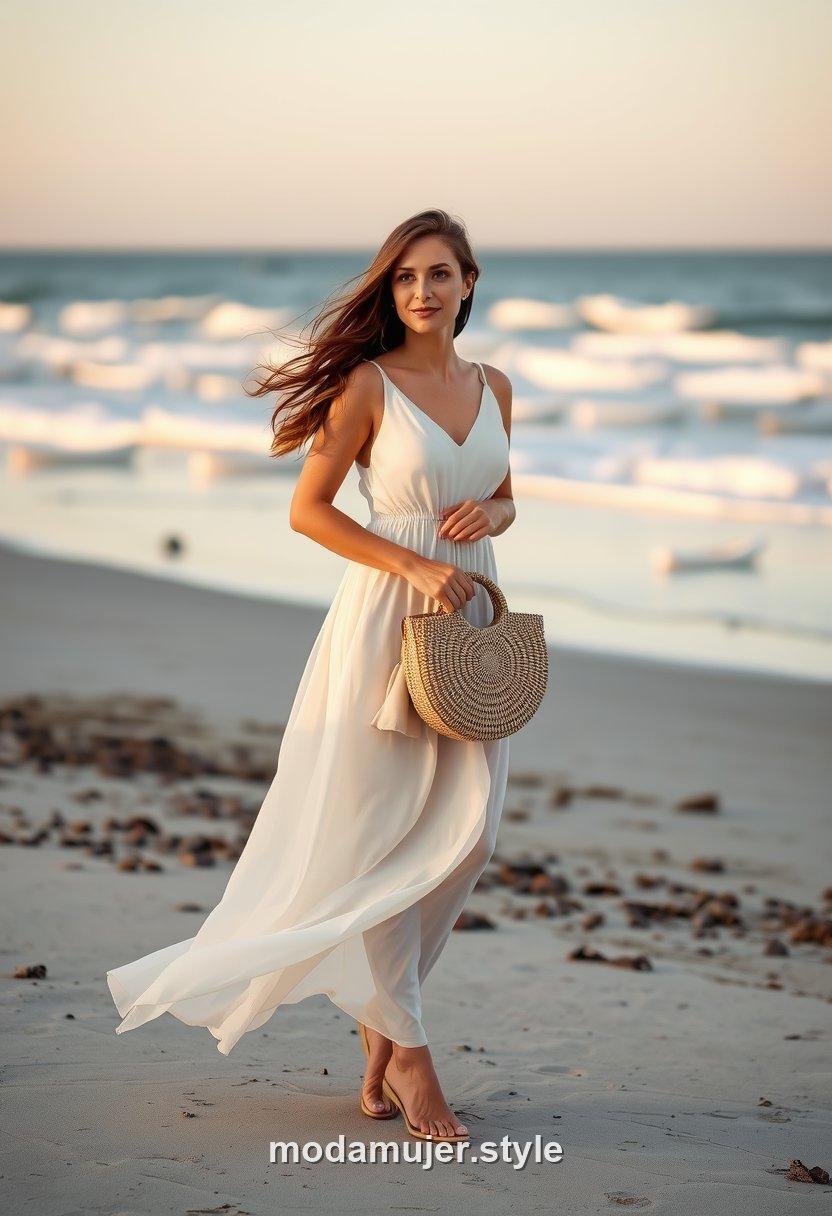 Invitada de boda en la playa con vestido largo vaporoso claro, look costero, cuerpo entero