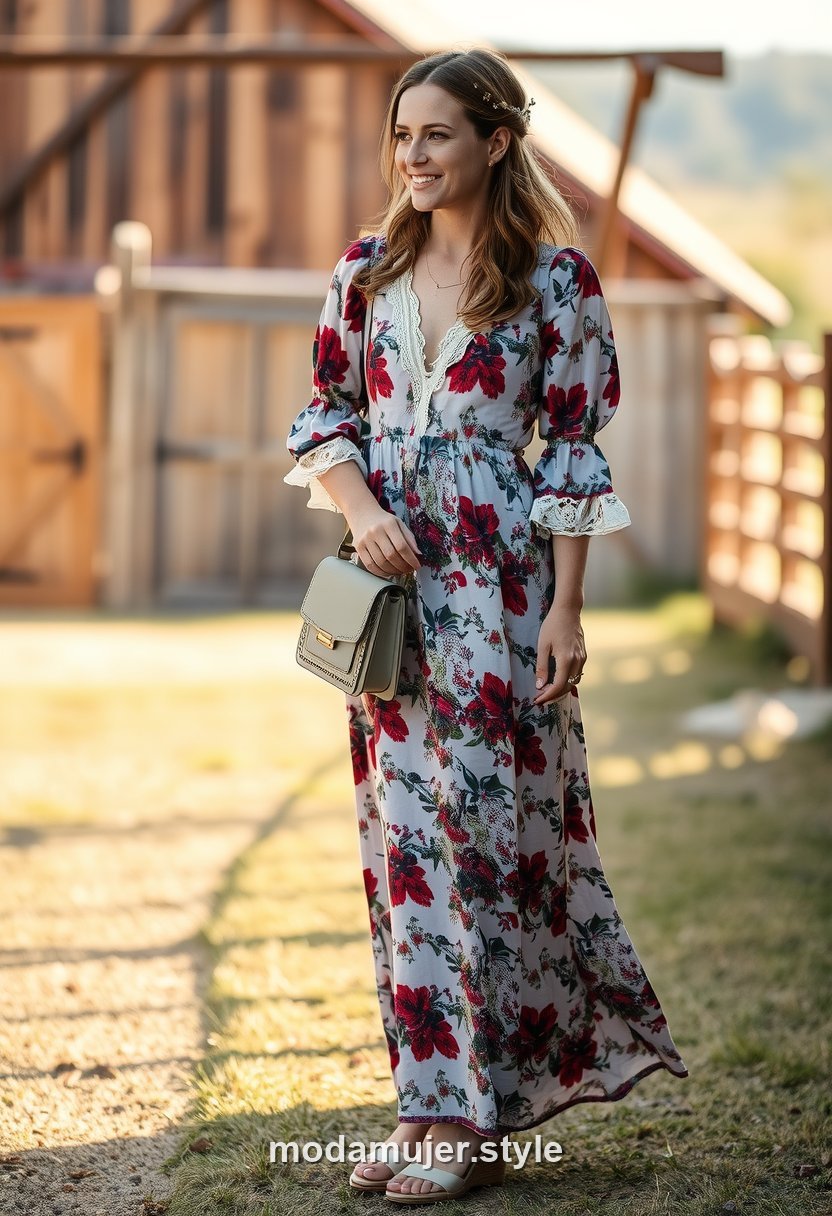 Invitada de boda campestre con vestido largo estampado boho, mangas abullonadas, cuerpo entero