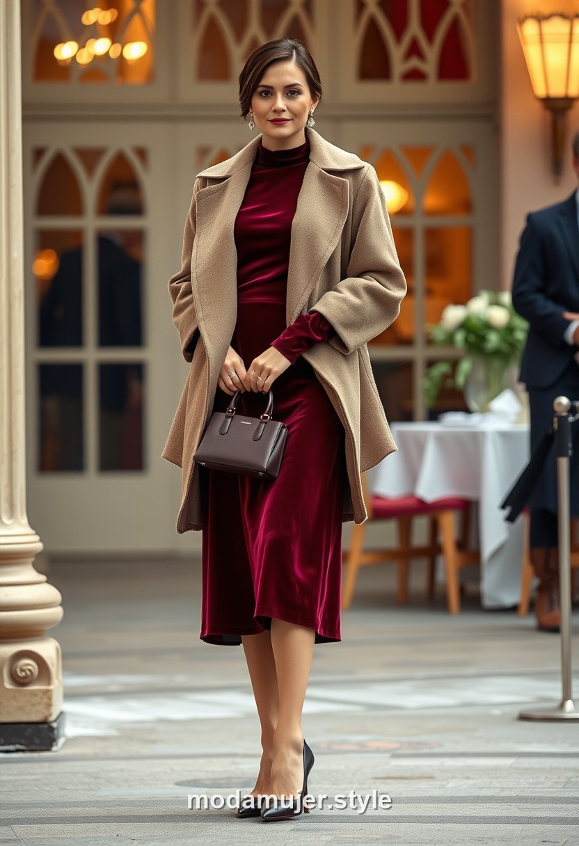 Invitada de boda de invierno con vestido de manga larga y abrigo de pano elegante, cuerpo entero