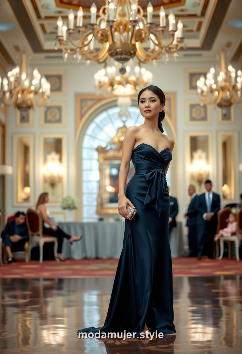 Invitada de boda de etiqueta con vestido largo de gala lujoso negro, look black tie, cuerpo entero