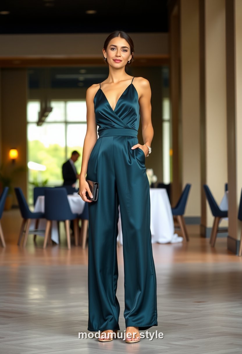 Invitada de boda con mono jumpsuit elegante de pernera ancha satinado, alternativa moderna, cuerpo entero