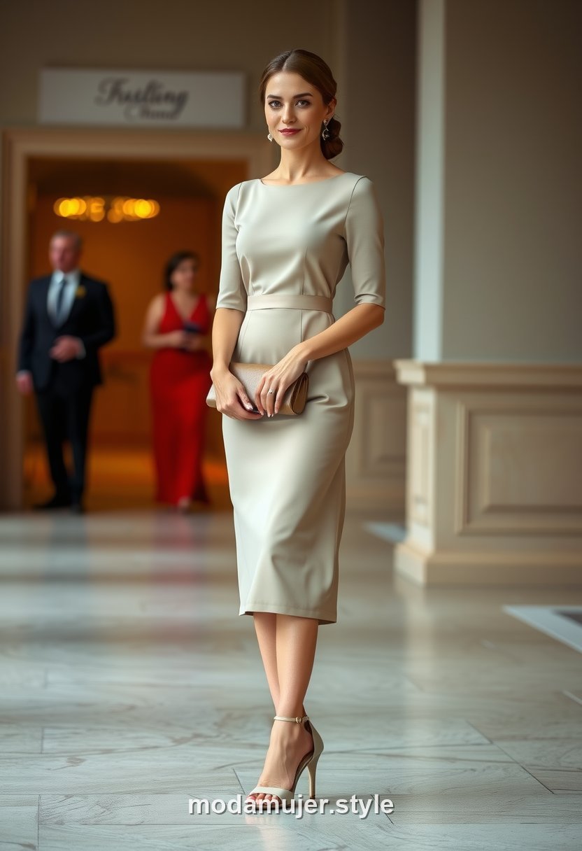 Invitada de boda con vestido midi liso versatil neutro que se reinventa con accesorios, cuerpo entero