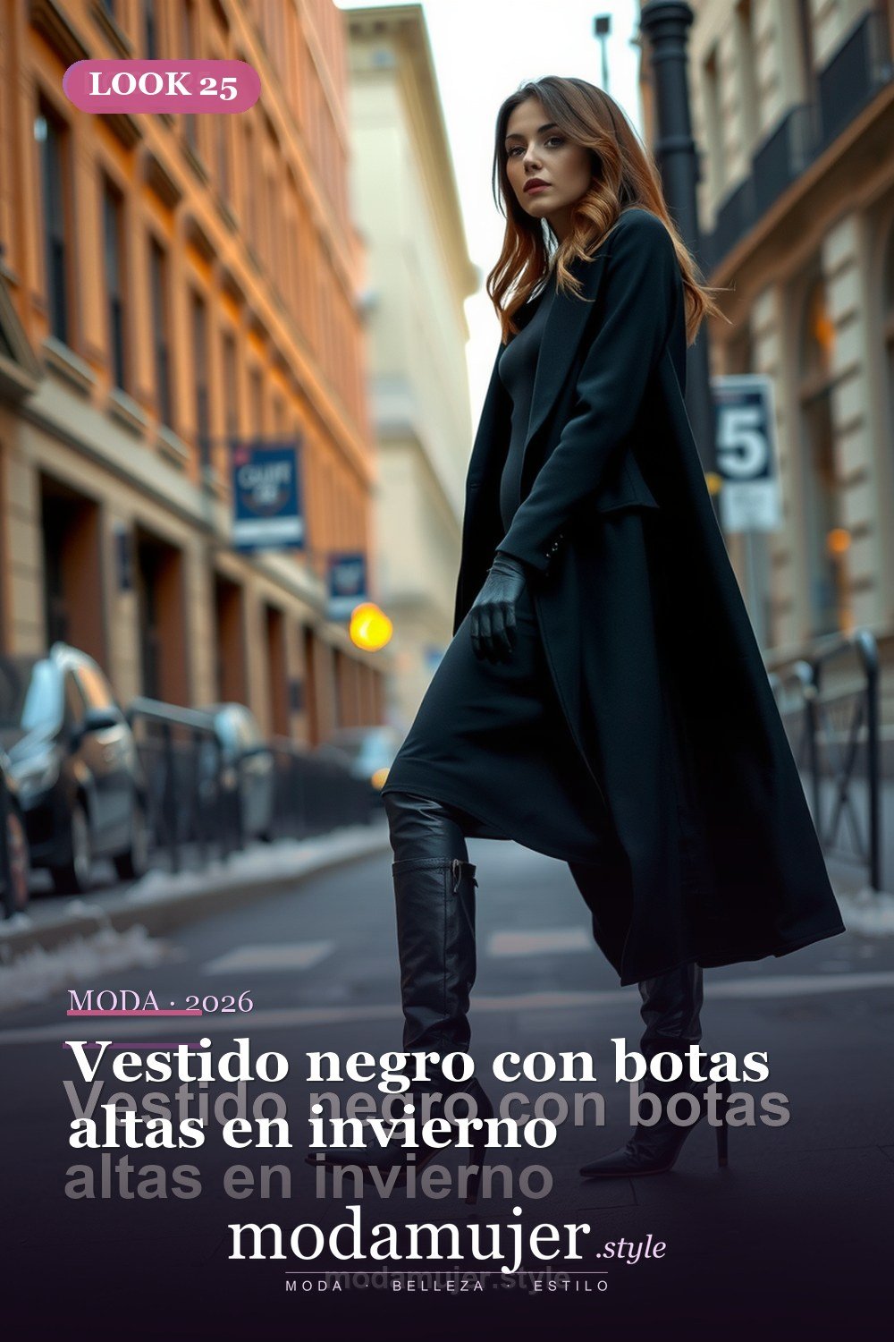 Vestido negro con botas altas en invierno — 30 vestidos de moda para mujer en 2026: ideas para cada ocasion
