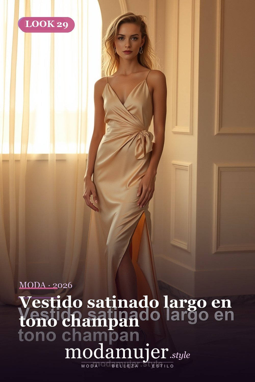Vestido satinado largo en tono champan — 30 vestidos de moda para mujer en 2026: ideas para cada ocasion