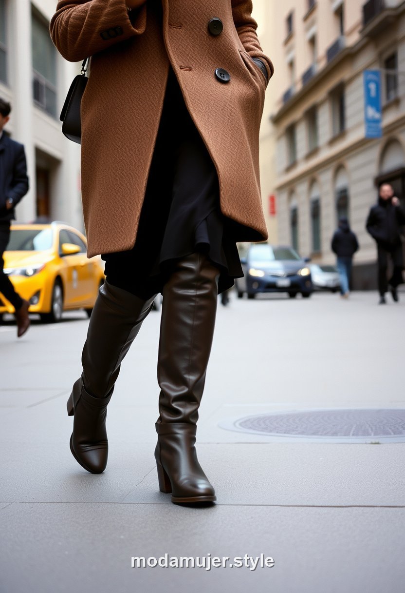 Mujer con botas altas por encima de la rodilla en look de invierno