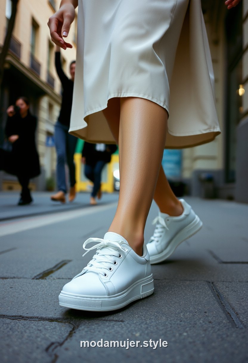 Mujer con zapatillas blancas minimalistas en look casual