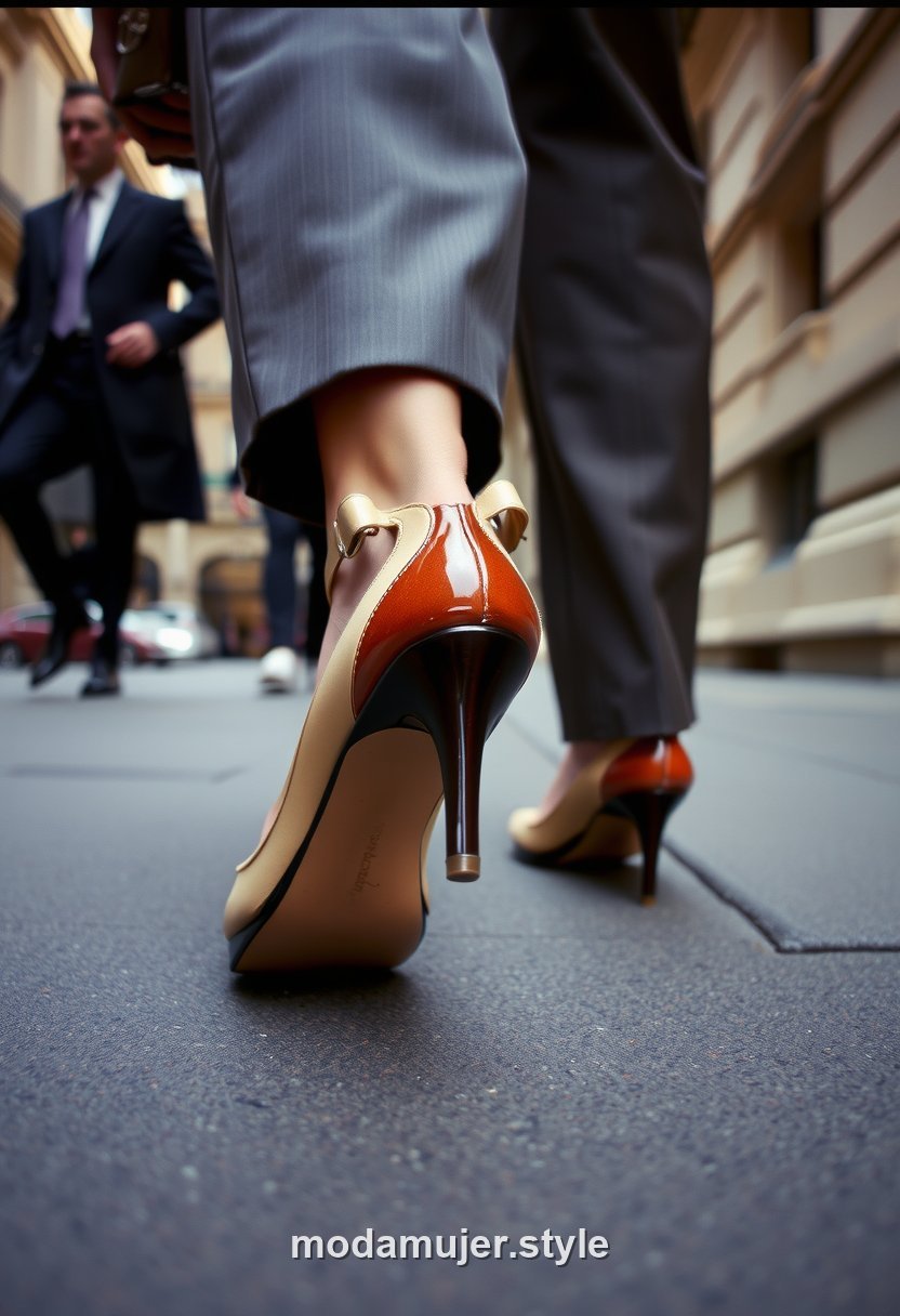 Mujer con zapatos slingback de tacón kitten en look pulido