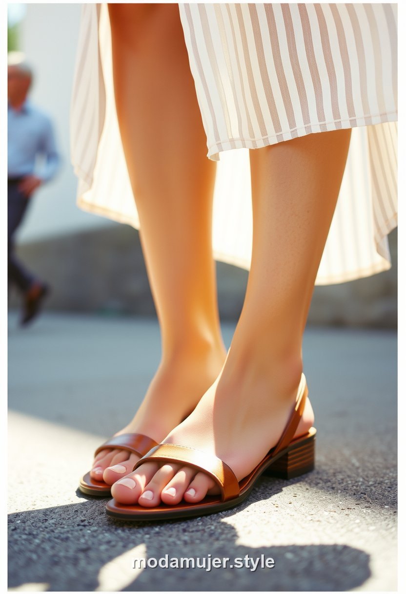 Mujer con sandalias planas minimalistas de tiras en look de verano